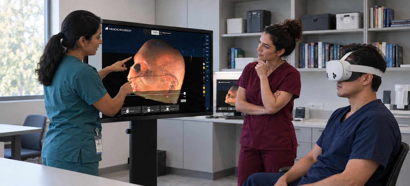 A medical team exploring spatial anatomy with a standalone VR headset and a shared display
